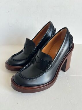 Tod's calfskin Chunky Heeled Platform black Leather Penny Loafers size 35/US5